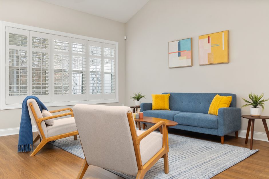 Elegant plantation shutters in a modern living room